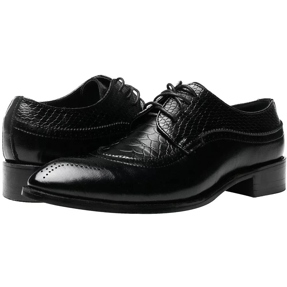 Santimon Men's US 9-12.5 Snake-Embossed Wingtip Brogue Dress Oxford Shoes Black