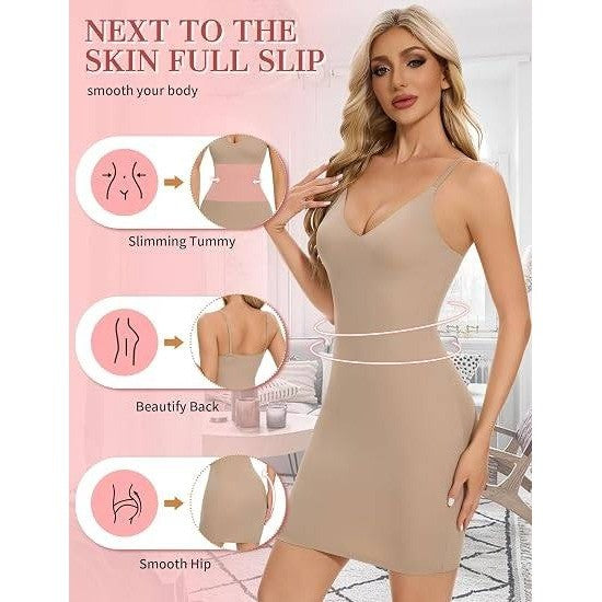 MSRP $23 SLIMBELLE Women's M Beige Shapewear Slips For Under Dress Deep V Neck