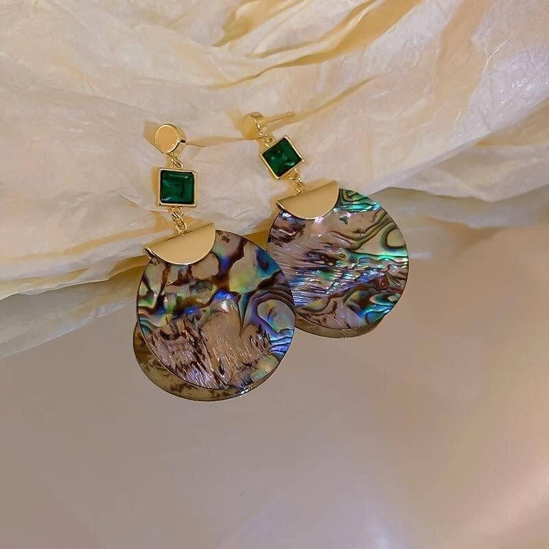 New Vtg Green Glass Tassel Drop Earrings Metal Shell Statement Jewelry for Women