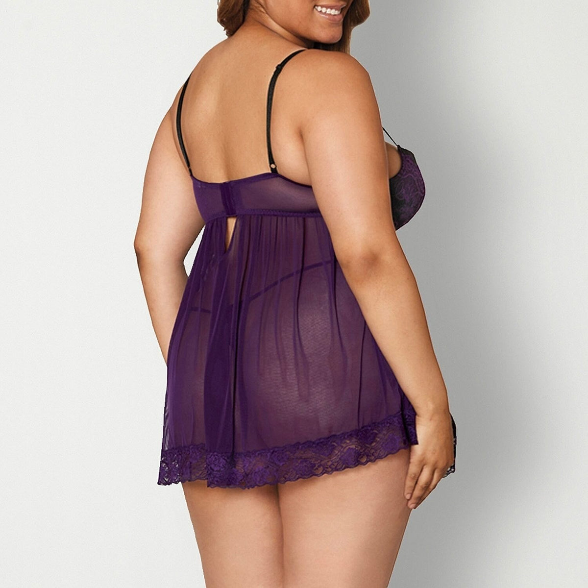 NWT Dreamgirl 11020X Womens 1X Plum Stretch Mesh and Lace Babydoll w/ G-String