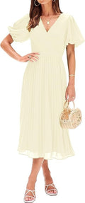 Large MEROKEETY Women's Elegant V Neck Short Sleeve Wrap Pleated High Waist