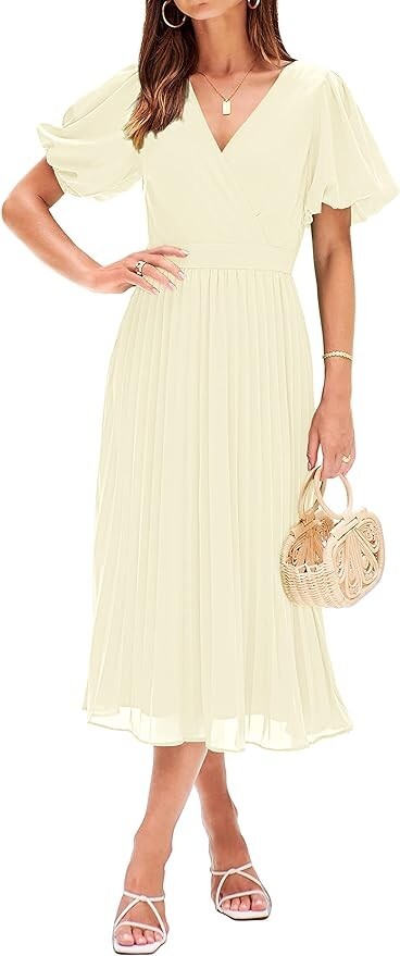 Large MEROKEETY Women's Elegant V Neck Short Sleeve Wrap Pleated High Waist