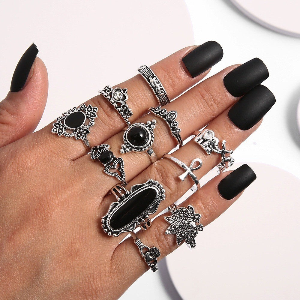 11 pcs Gothic Ring Set, Rings Set Silver, Black Onyx Ring, Witchy Rings, Knuckle