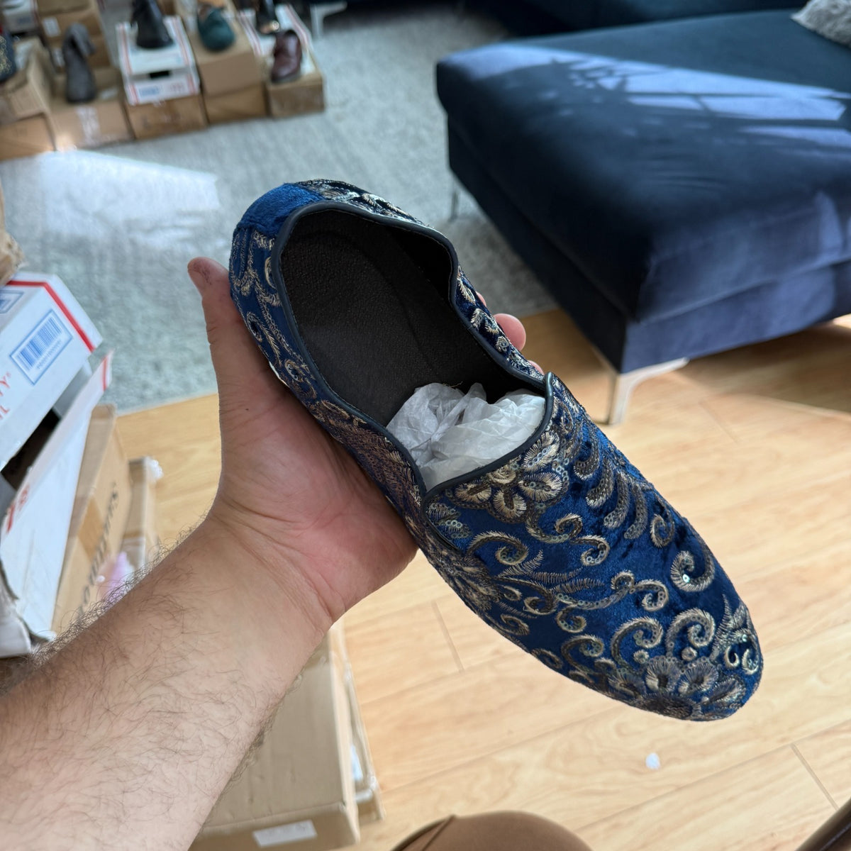 Santimon Men's US 6-12.5 Blue Velvet Silver Stitching Smoking Loafers Shoes