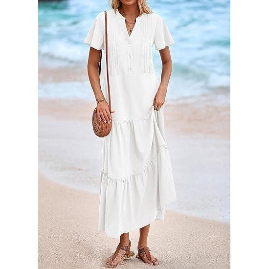 MSRP $53 KIRUNDO Women's White L Summer Maxi Dresses Spring Fashion Short Slee