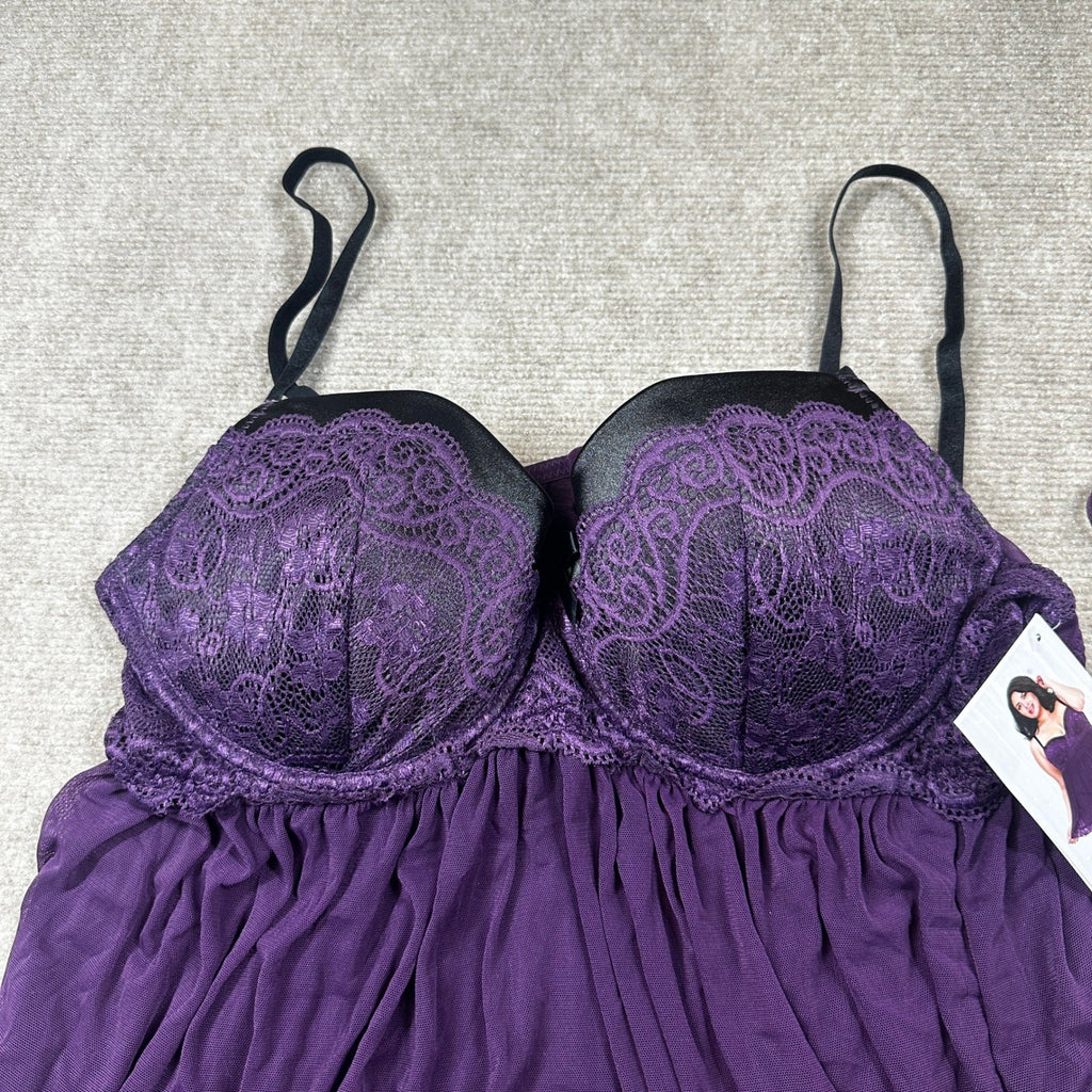 NWT Dreamgirl 11020X Womens 1X Plum Stretch Mesh and Lace Babydoll w/ G-String