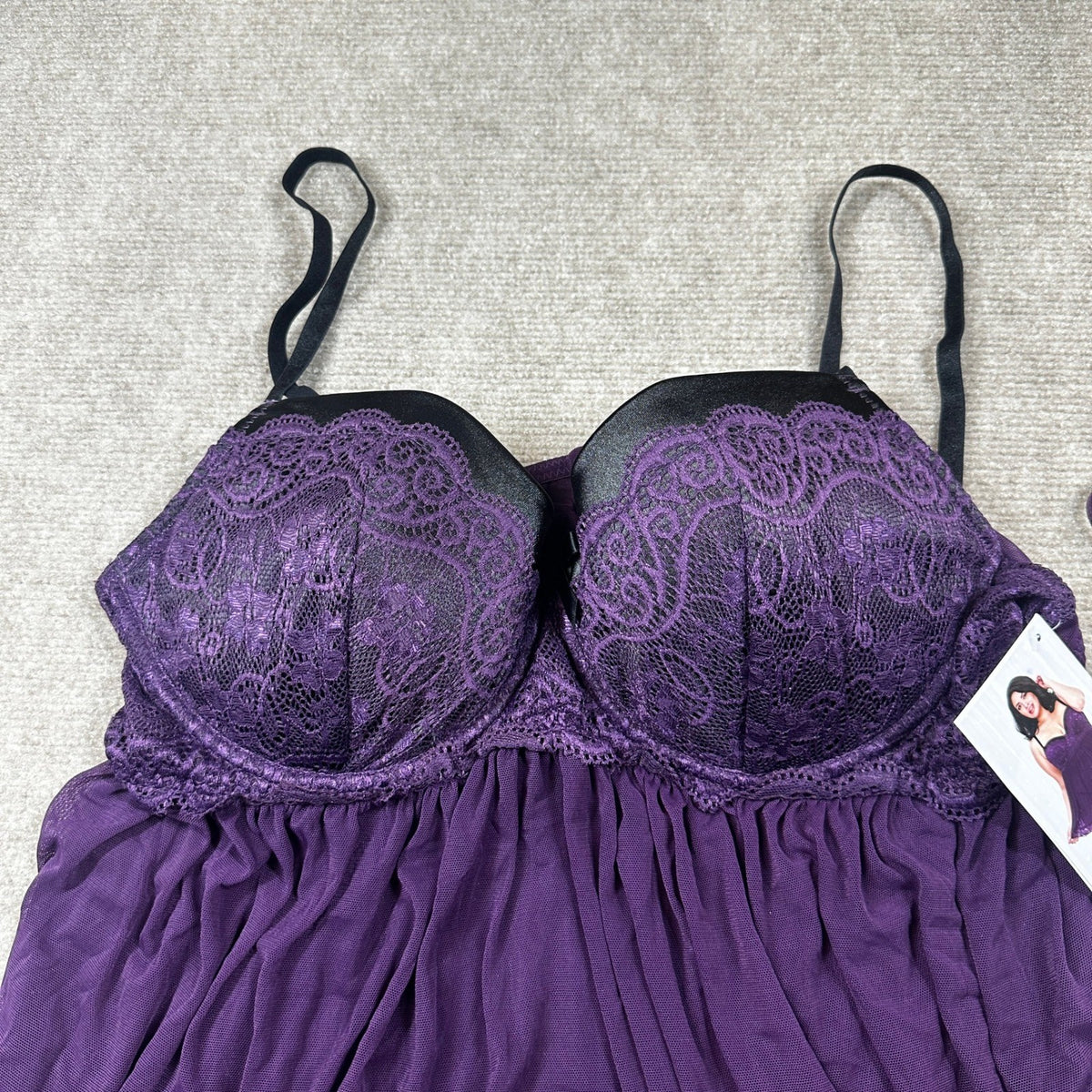 NWT Dreamgirl 11020X Womens 1X Plum Stretch Mesh and Lace Babydoll w/ G-String