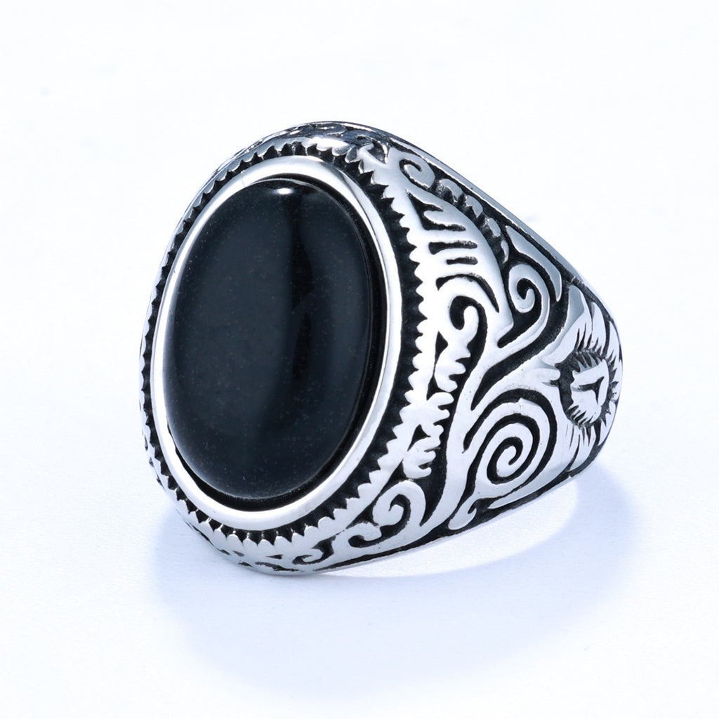 Mens Oval Black Onyx Silver Ring Stainless Steel Retro Biker Jewelry Size 8-12
