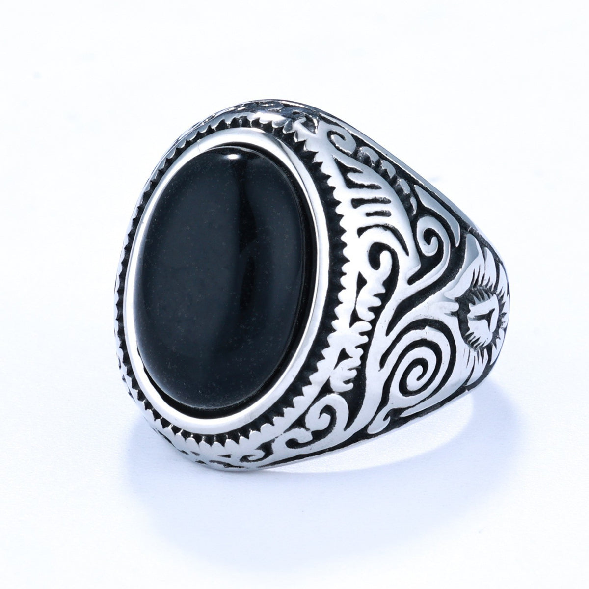 Mens Oval Black Onyx Silver Ring Stainless Steel Retro Biker Jewelry Size 8-12
