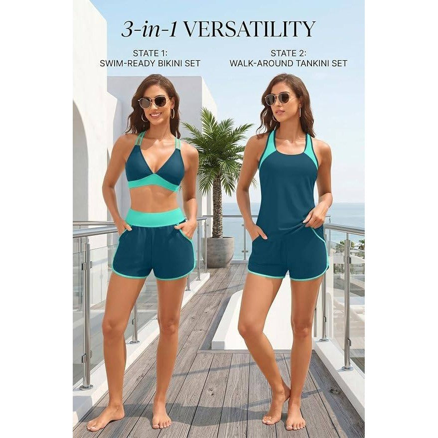 MSRP $41 Daci Women's L 3 Piece Tankini Swimsuit Tummy Control with Bra Pocket