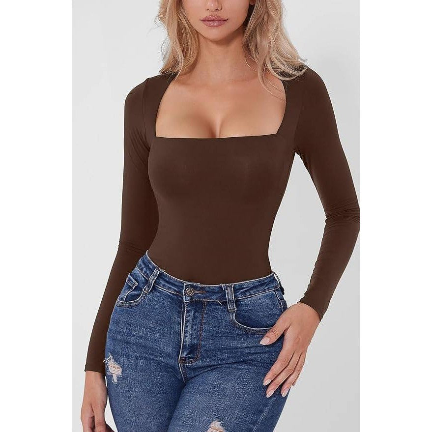 MSRP $28 QINSEN Women's XS Sexy Square Neck Bodysuit Long Sleeve Double Lined