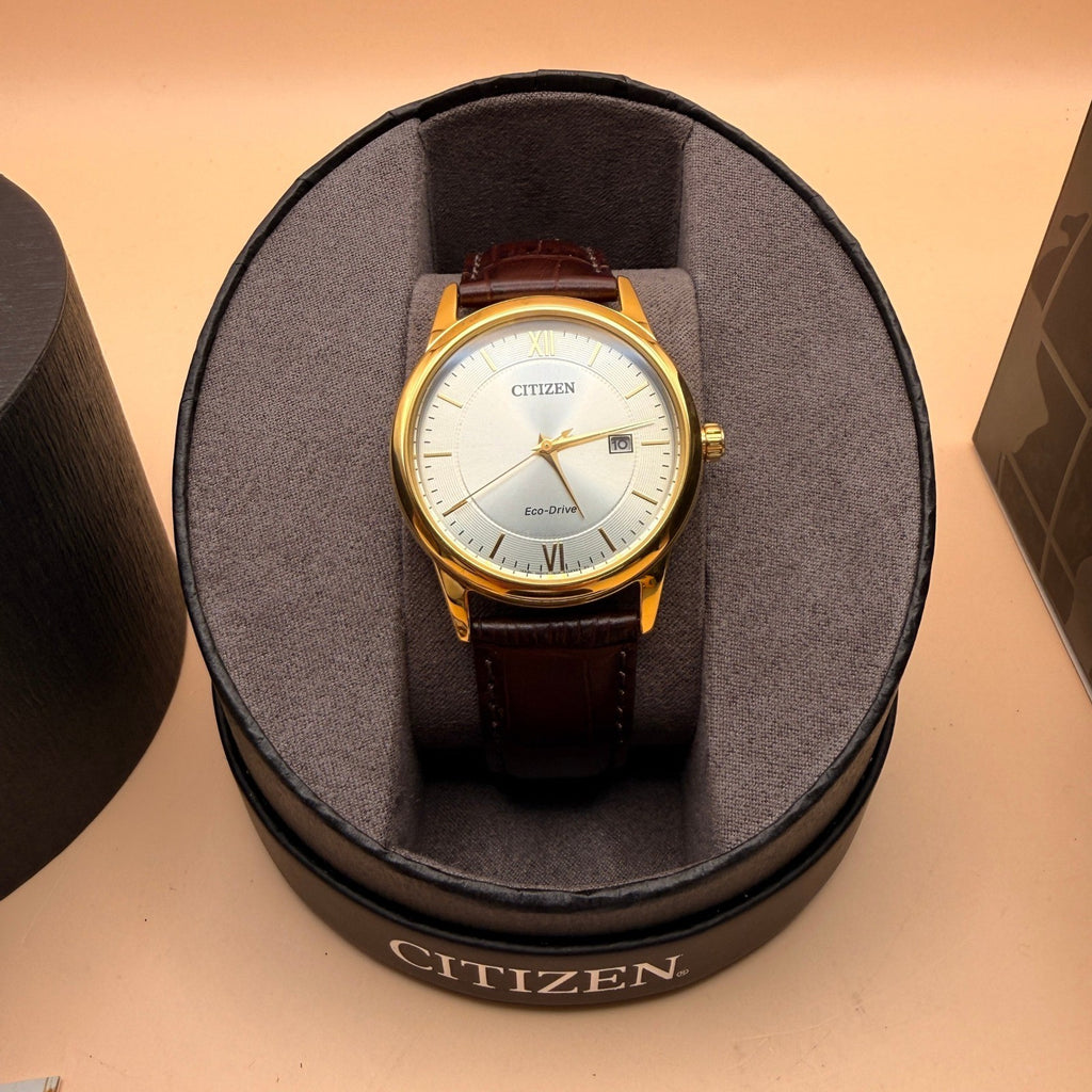 Citizen AW1232-04A Eco-Drive Men's Classic Watch Gold Tone, White Dial, Brown Le