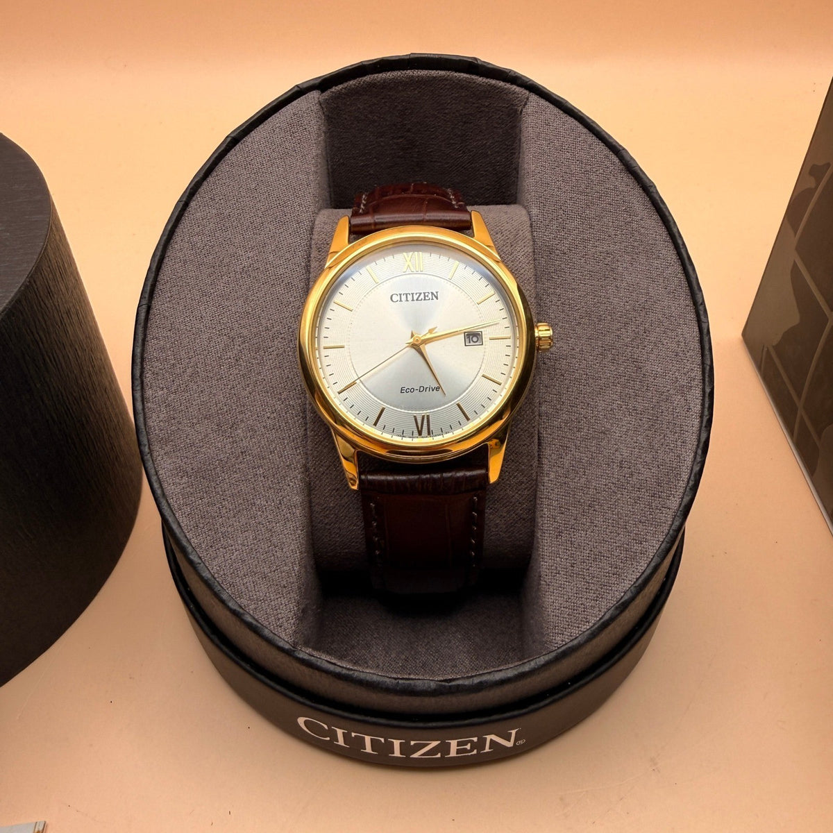 Citizen AW1232-04A Eco-Drive Men's Classic Watch Gold Tone, White Dial, Brown Le