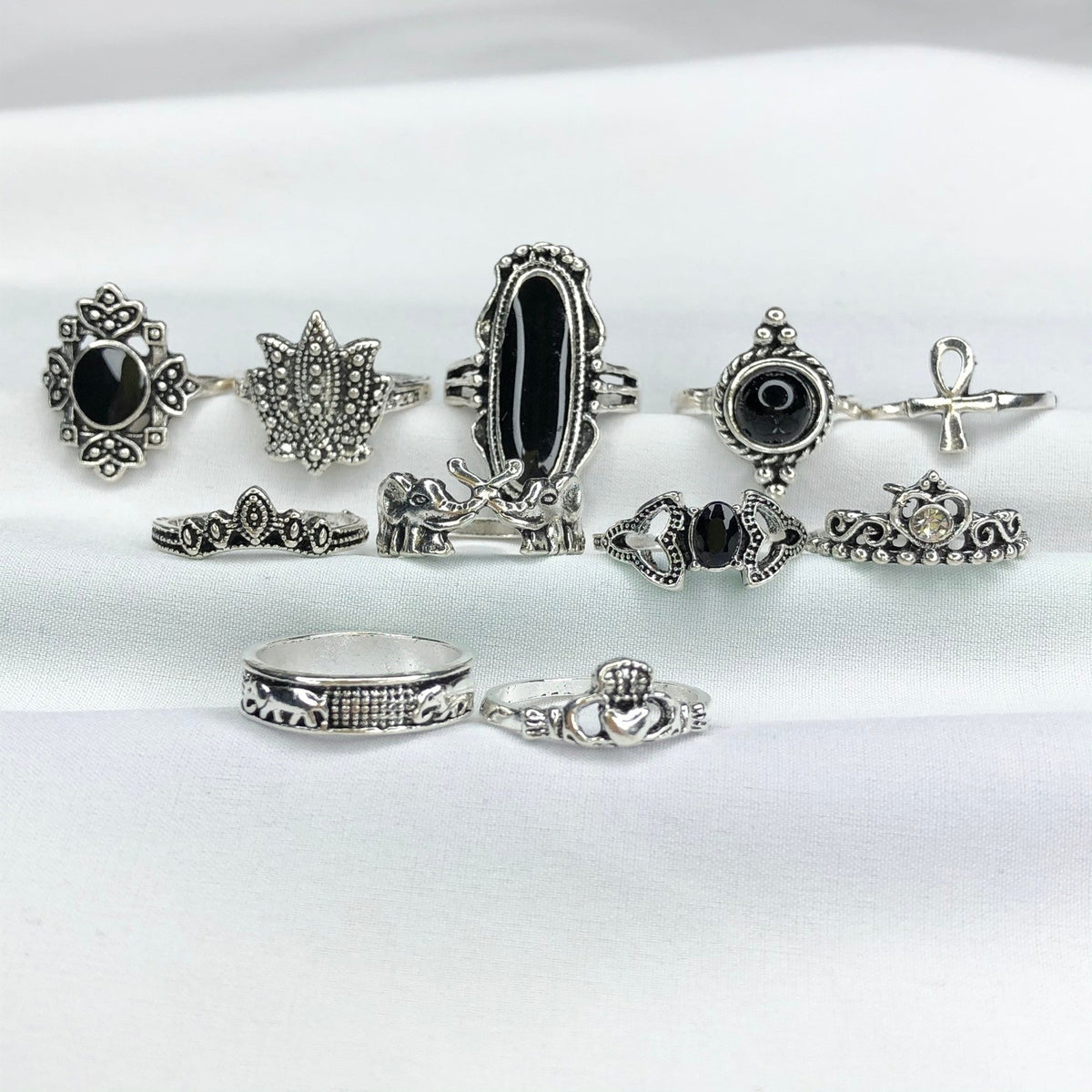 11 pcs Gothic Ring Set, Rings Set Silver, Black Onyx Ring, Witchy Rings, Knuckle
