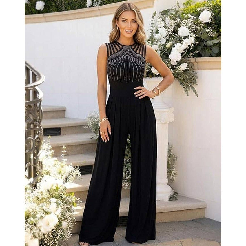 MSRP $52 CHICME Women's M One Piece Jumpsuit Rhinestone Cutout Ruched Wide