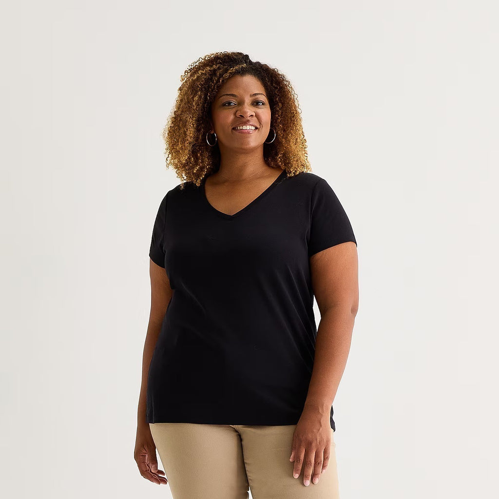 St. John's Bay Womens L Petite Black V Neck Short Sleeve T-Shirt