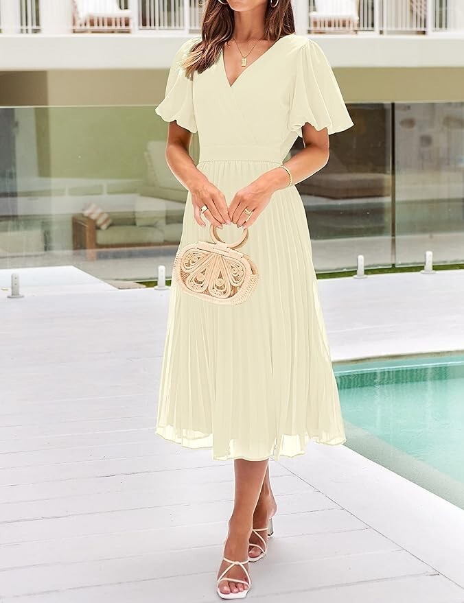 Large MEROKEETY Women's Elegant V Neck Short Sleeve Wrap Pleated High Waist