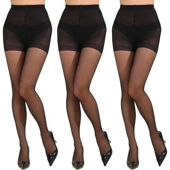 Paralinda 3 Pairs Women's M Black 20D Pantyhose with Control Top and Reinforce