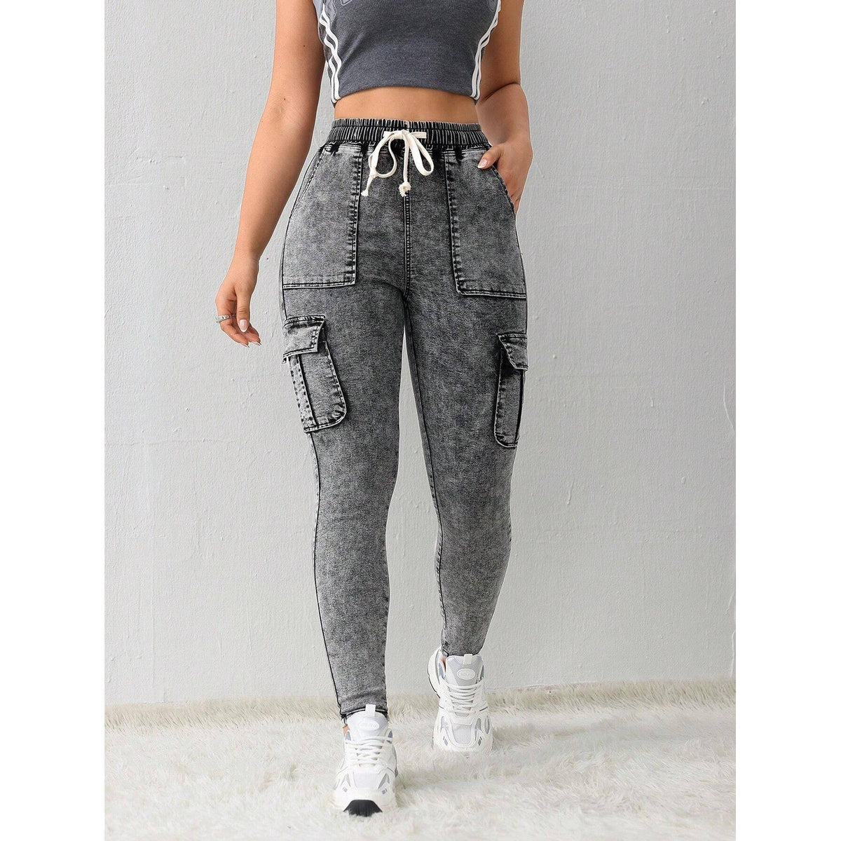 SHEIN Women's S Tall Washed Gray Thermal Fleece Lined Cargo Jeans Winter Stretc