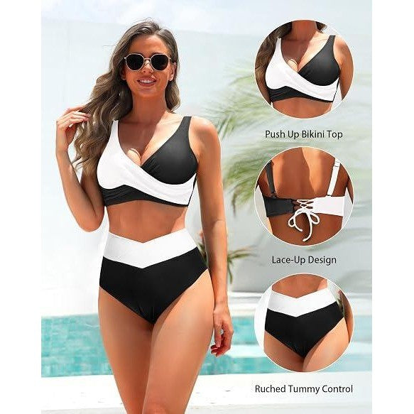 MSRP $42 Aqua Eve Womens XL Black/White 2 Piece Swimsuits High Waist Bikini Tw