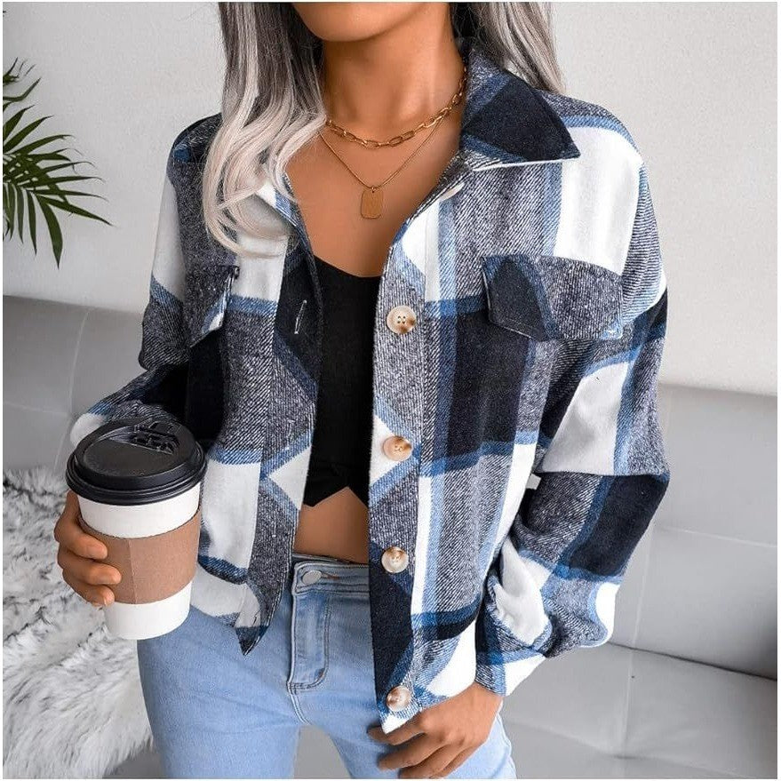 Womens Size S Casual Plaid Shacket Long Sleeve Wool Blend Button Down Shirt Jac