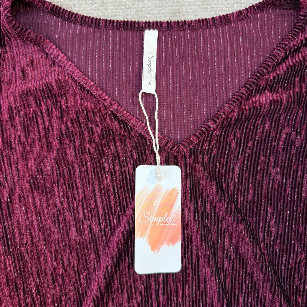 Simplee Women's L Wine Red Velvet Long Sleeve V Neck Fall Cocktail Dress Tiered