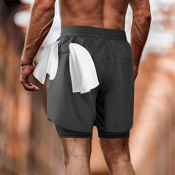 NIMOJIRO Men's M Dark Gray 2 in 1 Running Shorts Workout Athletic Training Gym O