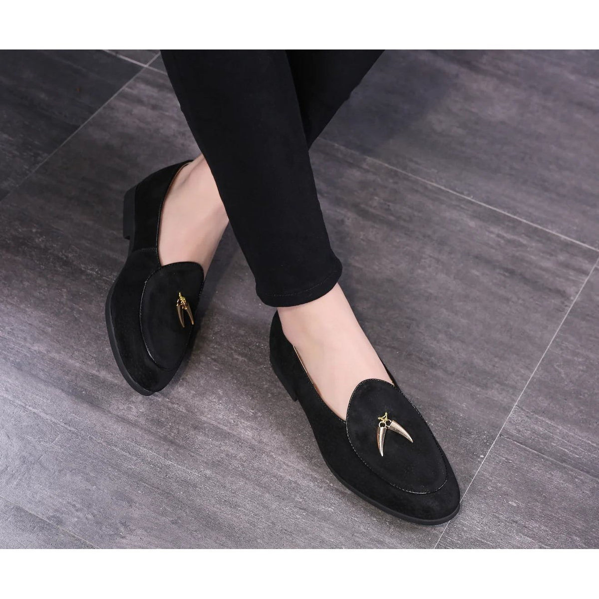 Santimon Men's US 8.5 Black Suede Smoking Slip On Loafers Formal Dress Shoes