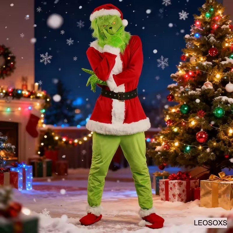 Men's L Christmas Costume Adult Green Furry Monster Santa Suit