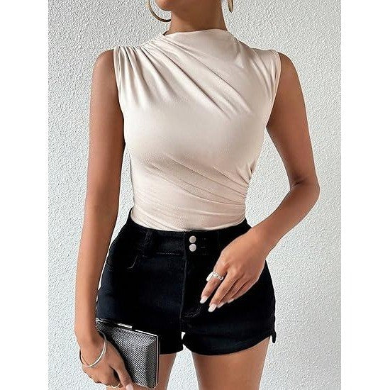 MSRP $31 Milumia Women's L Apricot Ruched Tank Top Sleeveless Mock Neck Bodysui