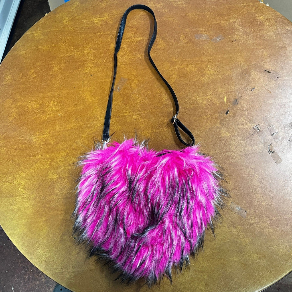 Womens Rose Pink Plush Heart Shaped Crossbody Fur Fluffy Shoulder Bag Purse