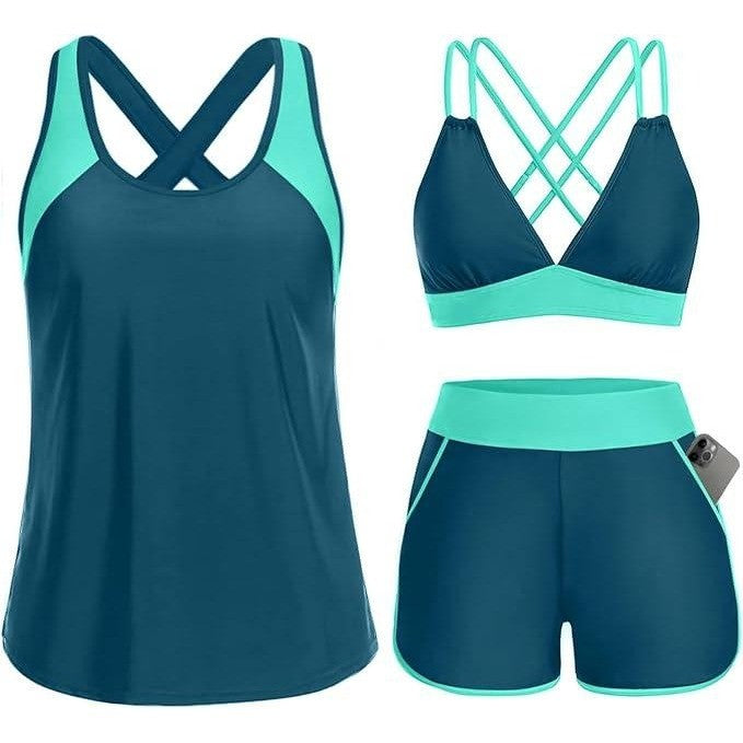 MSRP $41 Daci Women's L 3 Piece Tankini Swimsuit Tummy Control with Bra Pocket