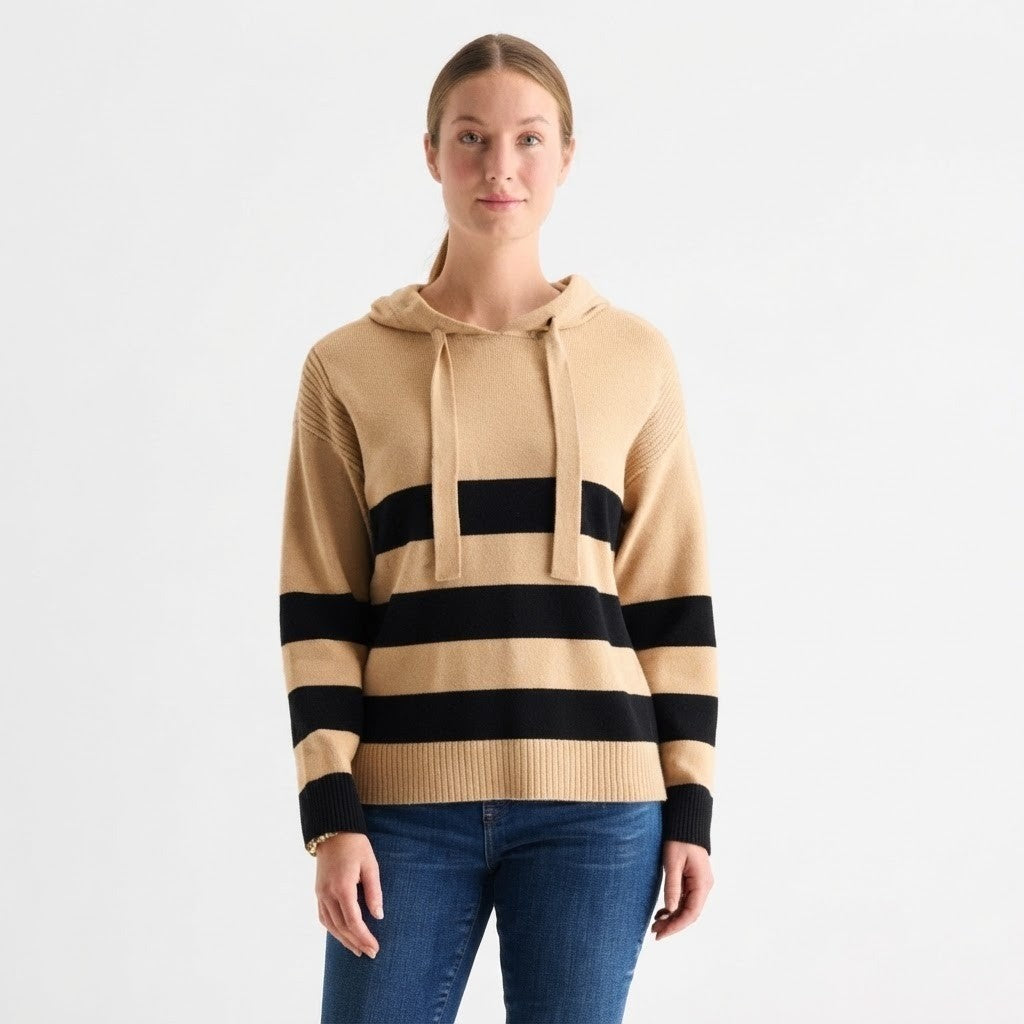 MSRP $54 Liz Claiborne Womens S Caramel Heather Striped Hooded Pullover Sweater