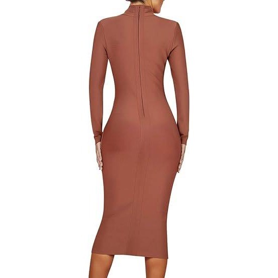 Uonbox Women's L Deep Plunge V Neck Long Sleeves Dress (Real color pic 2) Drap