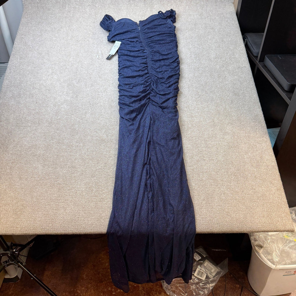 MSRP $124 Radiante Couture Womens Juniors M Navy Glitter Ruched Long Dress