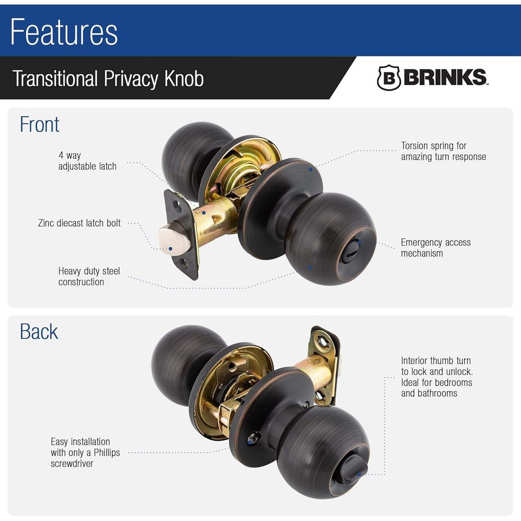 BRINKS E2435-150 Transitional Privacy Locking Interior Ball Door Knob, Tuscan B