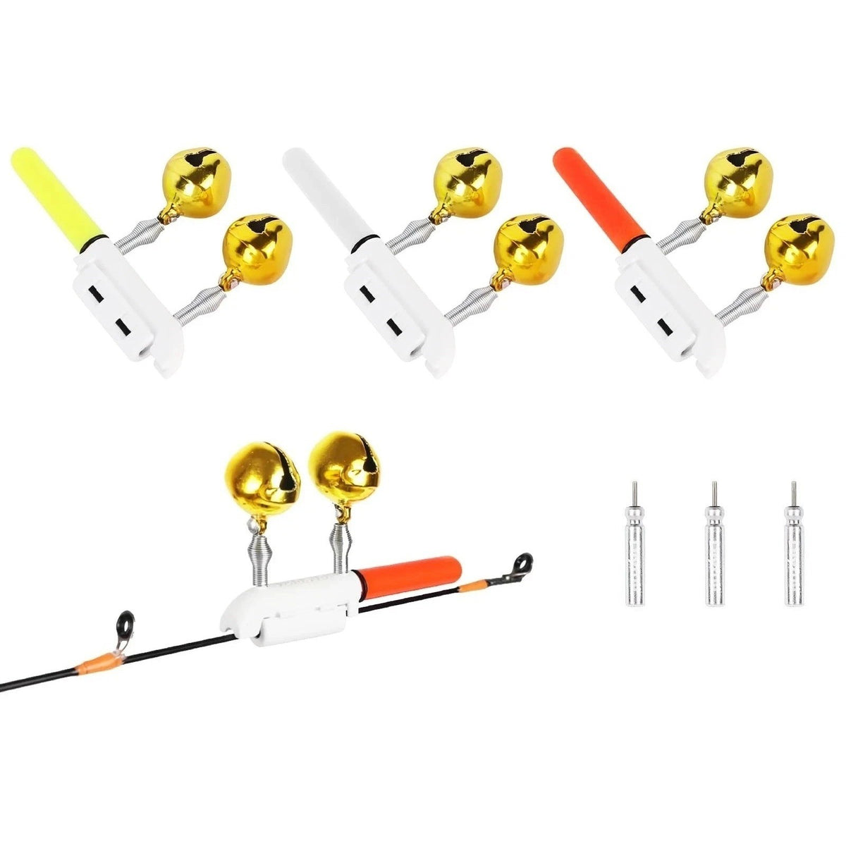 Set of 3 Fishing Rod Tip Lights LED Glow Sticks Bite Alarm Bells Red, Green