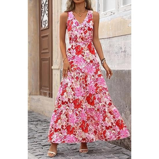 MSRP $54 BTFBM Women's Rose Red Flower L Summer Maxi Dress V-Neck Wedding Gu