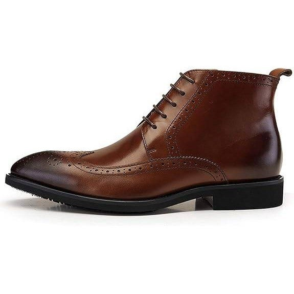 Santimon Men's US 9 Brown Wingtip Pointed Toe Lace Up Ankle Dress Boots Side Zip