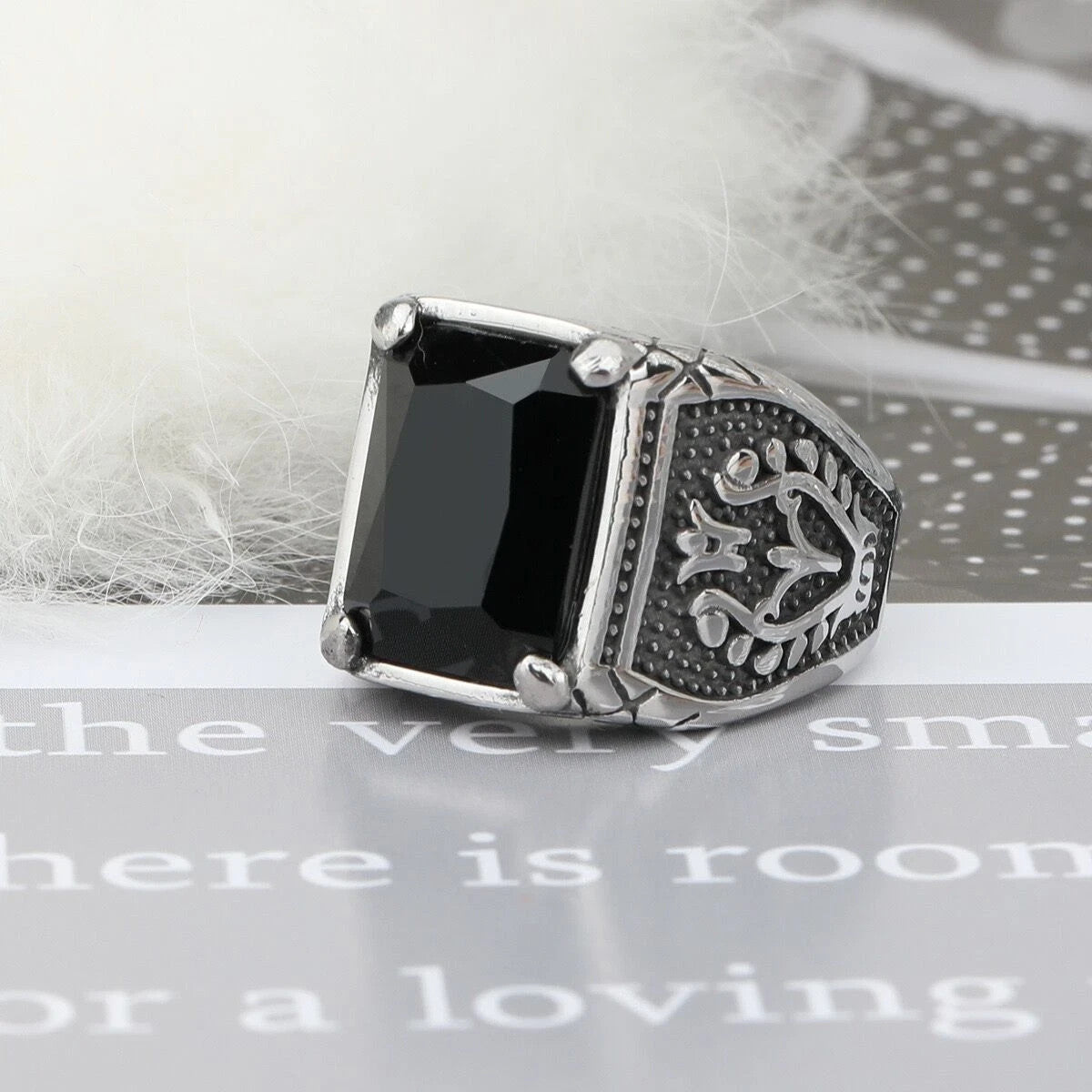 Men's Silver Tone Black CZ Square Stone Ring Stainless Steel Statement Size 8-12
