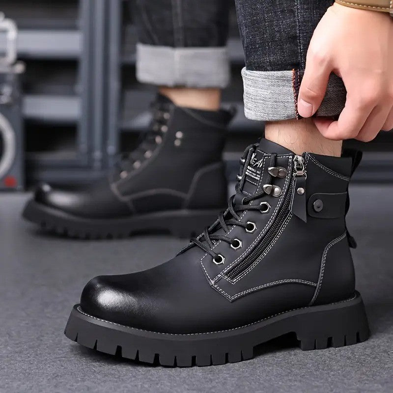 Men's US 9.5 Black Hiking Boots Lace Up Side Zipper Ankle Casual Shoes Outdoor