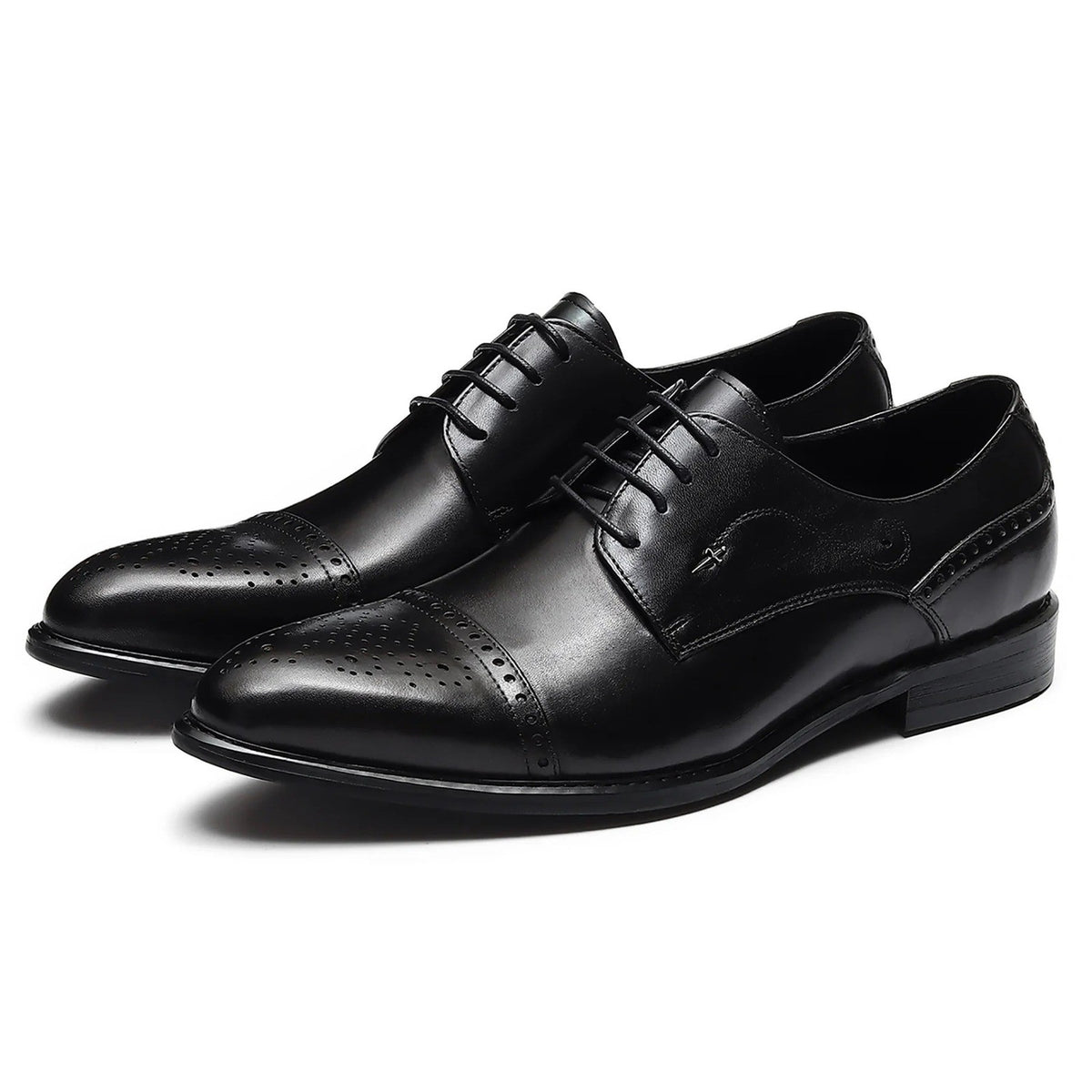 Santimon Mens US 9.5 Black Leather Pointed Toe Brogues Derby Lace Up Dress Shoes