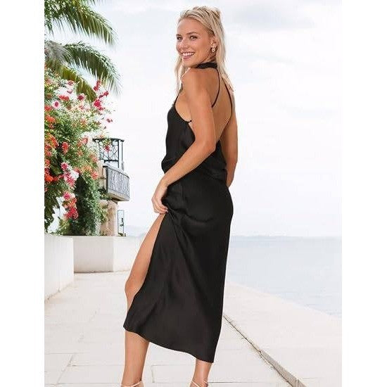 MSRP $61 RNTMR Women's S Black Satin Halter Backless Silt Midi Dress Elegant
