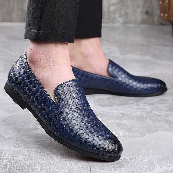 Santimon Men's US 6.5 Blue Woven Moccasin Leather Slip On Smoking Loafers Shoes