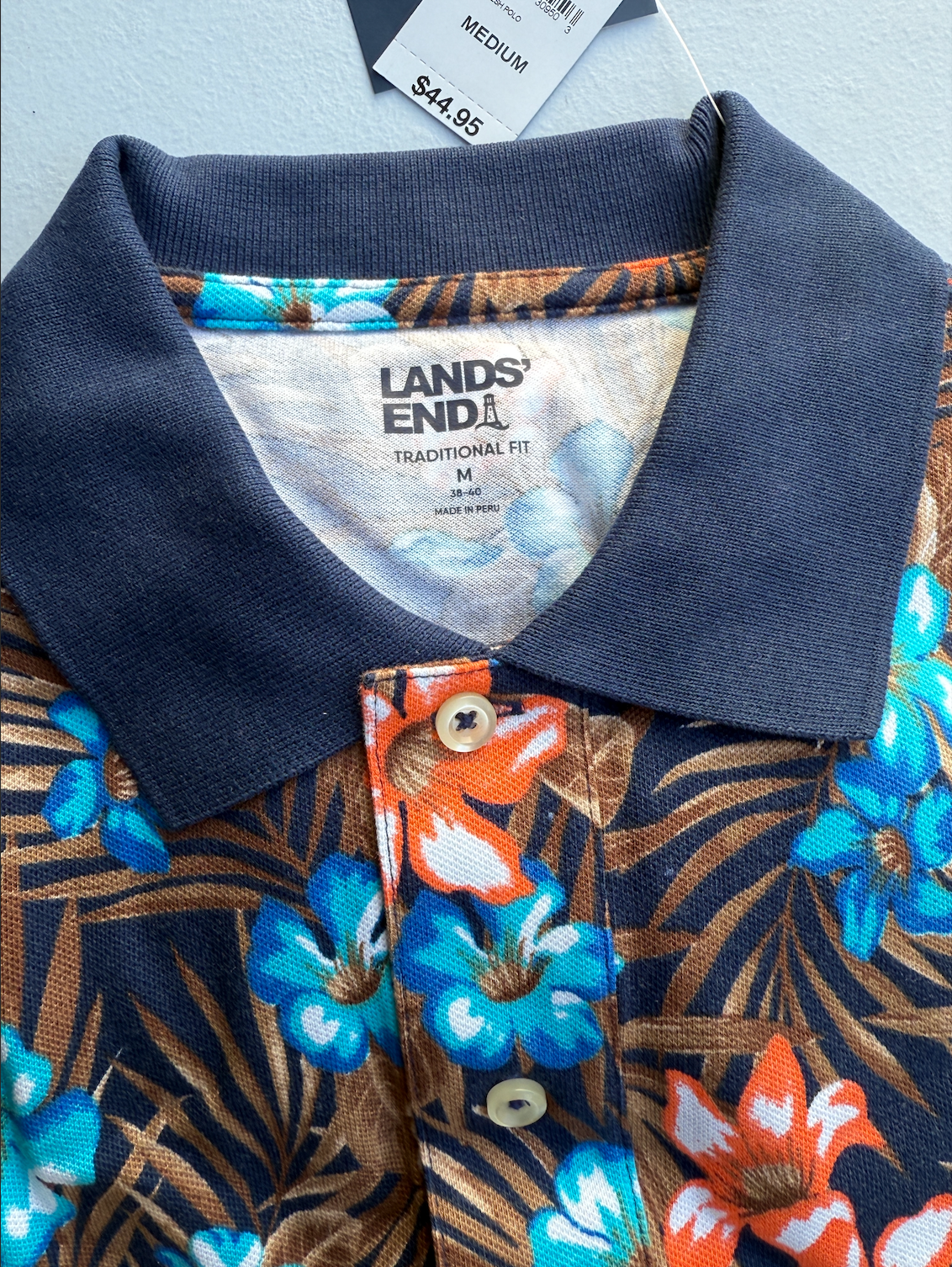 Lands' End M-XL Short Sleeve Hawaiian Men's Polo Shirt Deep Sea Navy Floral Trop