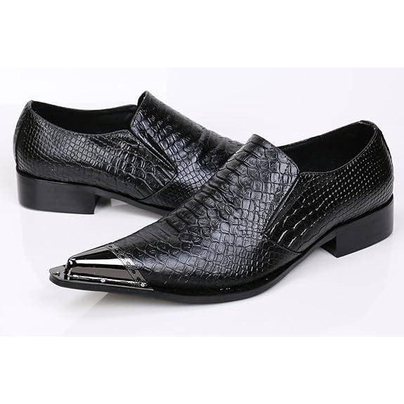 Santimon Men's US 12.5 Black Leather Metal Tip Pointed Toe Slip On Loafers Shoes