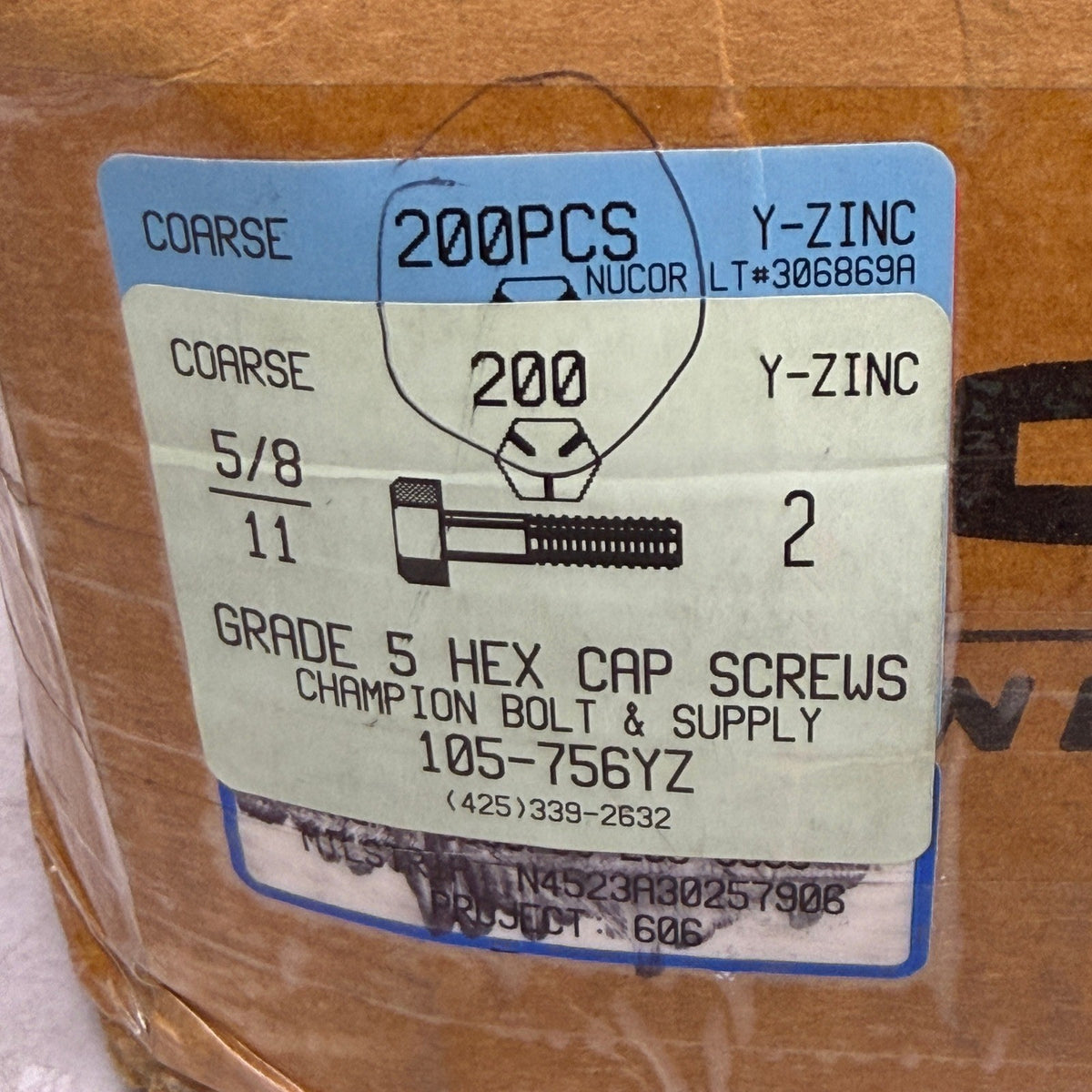 Pack of 200 Nucor 5/8-11 x 2" Grade 5 Hex Cap Screws Yellow Zinc