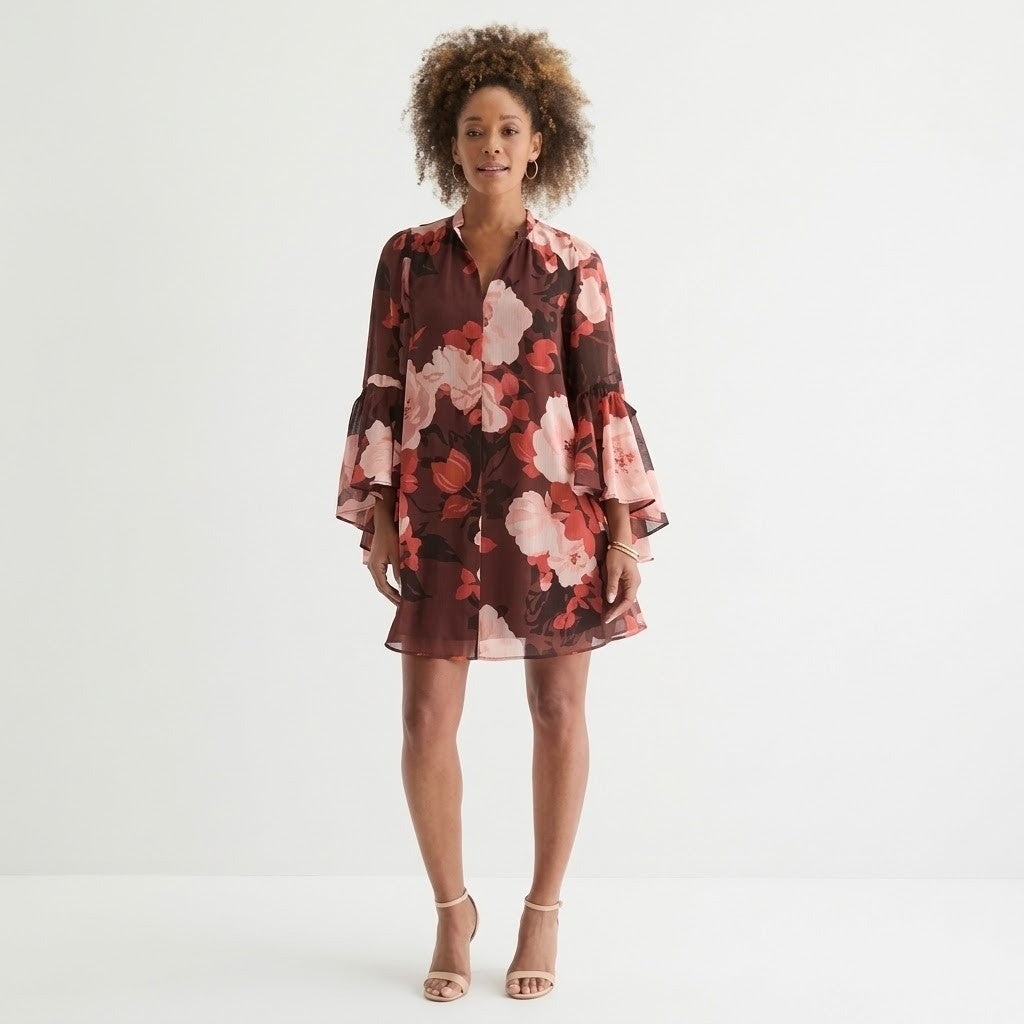 MSRP $89 Clover And Sloane Womens 2 Choco Blush Floral Shift Dress Long Sleeve