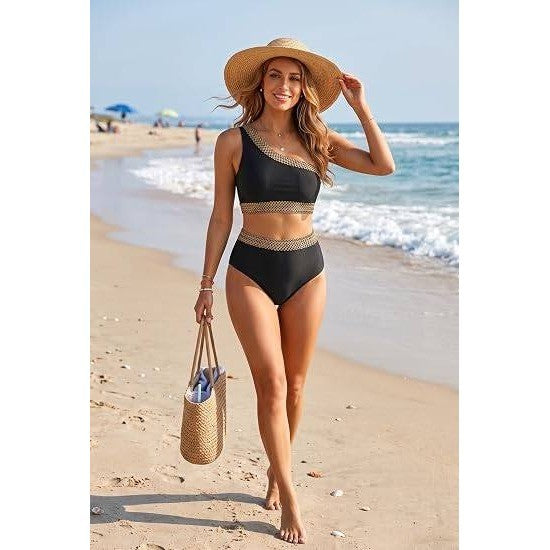 MSRP $36 Tempt Me Womens L Black Two Piece High Waist Bikini Set Swimsuit One