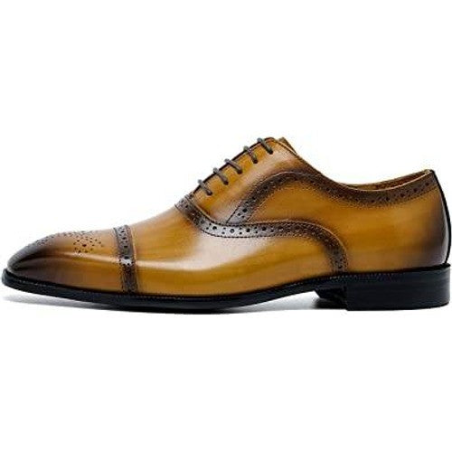 Santimon Men's US 6.5 Tan Brogue Pointed Toe Oxford Lace Up Dress Shoes